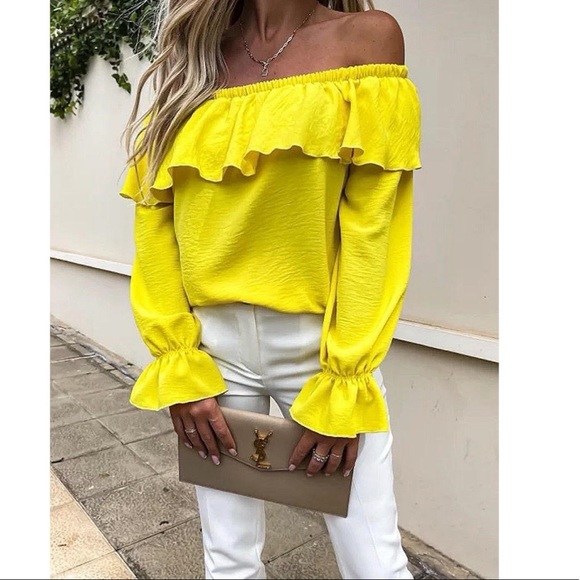 Yellow Long Sleeve Off Shoulder Ruffle Top Blouse - Picture 9 of 10